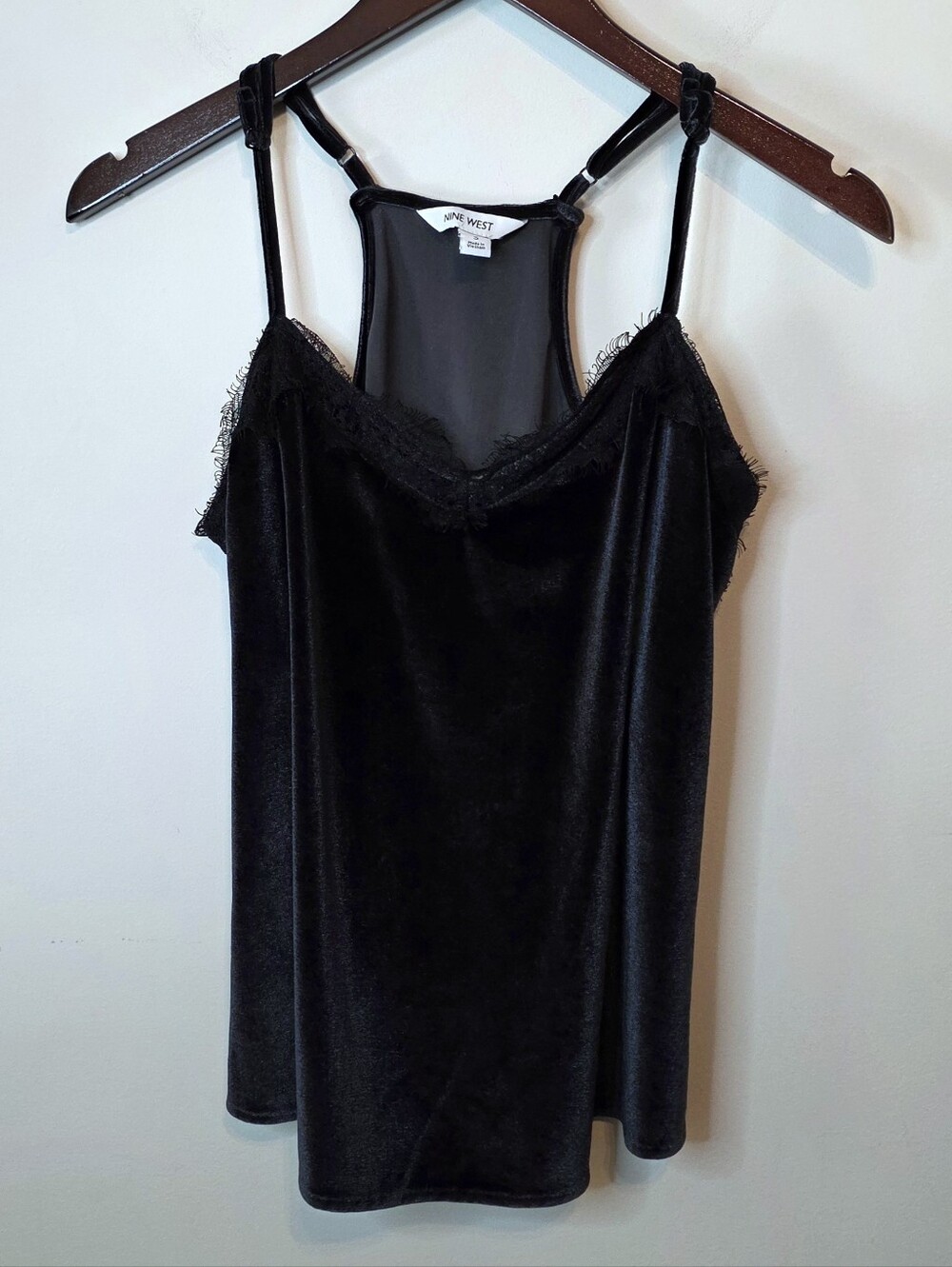 Nine West Black Velvet Camisole Tank Lace Trim Racerback Size Small Whimsigoth
